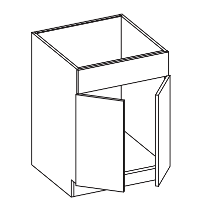 Line drawing of a cabinet with one open door.